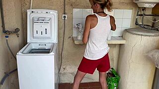 accidental encounter with neighbor in washing machine leads to quick orgasms