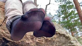 Beautiful nylon feet in jeans outdoor compilation