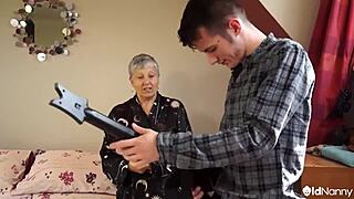 granny savana rides young guy's hard cock in cowgirl position, showing her curvy naked body.