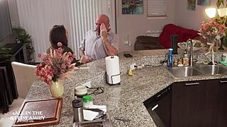 tiny sex freak freya von doom visits stepdad and new wife with blowjob and deepthroat