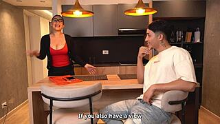 Busty agent gives client a huge cock blowjob.