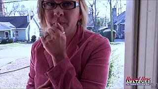 Blonde MILF Primrose gives blowjob and swallows cum