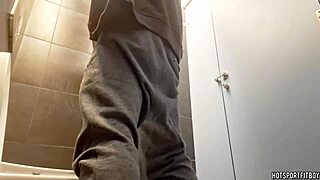 I riskily jerk off my big cock in a public bathroom