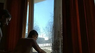 helga bosk has risky sex by window with people walking by