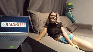 Blonde Brazilian Teen Exhibitionist Flashes Tattoo And Gets Naked On Sofa. She Sucks, Fucks, And Cums In Amateur Test.