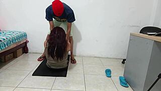 she strips while exercising, revealing her smooth pussy