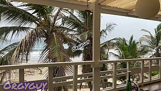 ebony wife flashes pussy at beach house and bends over for doggystyle