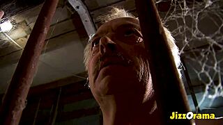 super old perverted grandpa gets a blowjob from flat chested brunette in prison setting