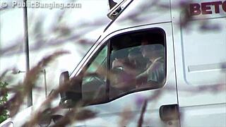 Young cute teen 18+ blonde gets banged in public street sex threesome orgy.