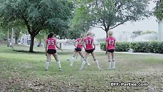 Teen babes blow group in uniforms