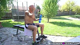 sexy teen lulu love seduces grandpa bruno by the pool for outdoor fuck