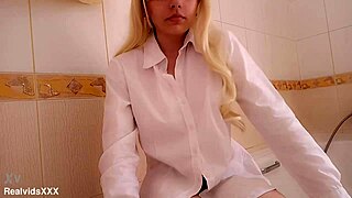 Blonde European Girl Gropes Shaved Pussy And Tits In Homemade Bathroom