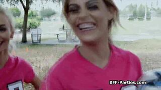 Teen babes blow group in uniforms