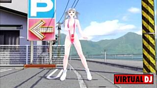Futanari character performs erotic masturbation dance to wavefile mix by DJ Riko in MMD style