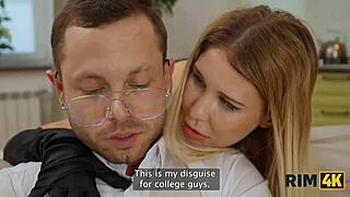 Oh my god, can this cool Russian nerd handle his first rimjob crisis with a beautiful blonde in stockings!