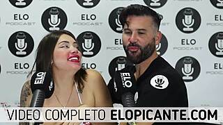 Elo podcast passes the ice over Sara Blonde's big tits in a playful moment.