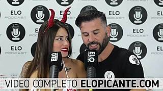 Elo podcast passes the ice over Sara Blonde's big tits in a playful moment.