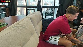 Amateur Latina Gabe meets guy at tattoo studio heads home for blowjob and intense cock action in lingerie