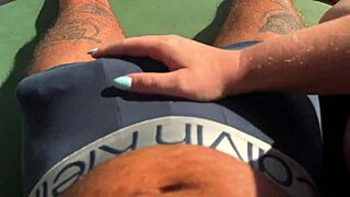 Hot Babe Gives Fast Sloppy Handjob on Terrace Over Ocean with Huge Tits Exposed