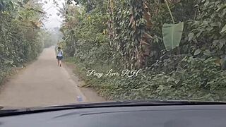 Curvy Pinay teacher fucked doggystyle in car. Lucky fan rides slut in outdoor public POV creampie sex.