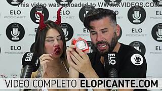 Elo podcast passes the ice over Sara Blonde's big tits in a playful moment.