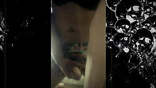 Hey, this amateur shemale is masturbating with those long legs and cute tits on webcam