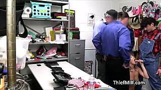 Oh man, check out this back office gangbang with a busty milf thief getting banged hard.