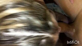 slut loves deepthroat blowjob with cumshot on eyes from fat blonde latina in panties