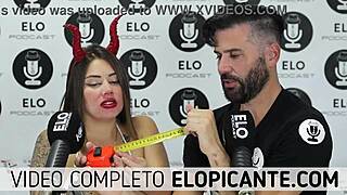 Elo podcast passes the ice over Sara Blonde's big tits in a playful moment.