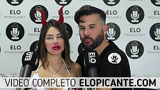 Elo podcast passes the ice over Sara Blonde's big tits in a playful moment.