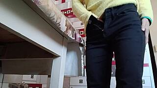 the stepsister in tight jeans masturbates solo at desk to multiple moaning orgasms