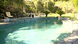 Blonde Seller Bound in BDSM for Double Penetration Gangbang with Monster Cocks