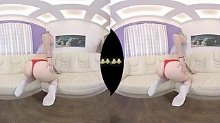 Blonde Czech teen enjoys VR piss play and dildo fucking on sofa