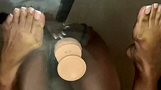 Ebony beauty explores pleasure by taking a dildo deep in her pussy on the desk. Her best friend watches as she rides it wildly with double penetration toys for ultimate satisfaction.