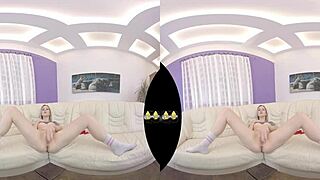Blonde Czech teen enjoys VR piss play and dildo fucking on sofa