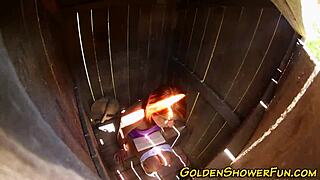 Redhead sprayed with cum after piss fetish