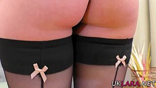 High heeled British mature milf in stockings contrasts with classy European lesbian licking and fingering.