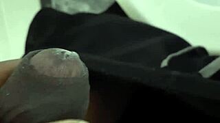 Black guy masturbated close up in restroom until he came hard