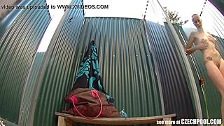 czech milf spied in shower by hidden cam at public pool. voyeur catches nude european babe bathing solo with ass view in reality homemade video.