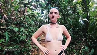 Alice Kink boldly strips off her micro bikini at the public beach, flashing naked skinny body in see-through exhibitionist style from Brazil