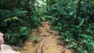 Alice Kink boldly strips off her micro bikini at the public beach, flashing naked skinny body in see-through exhibitionist style from Brazil