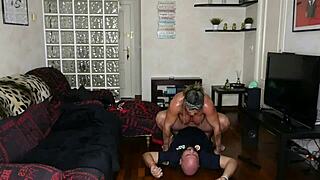 Muscular bodybuilder with big clit and tits fucks policeman in deepthroat rimjob anal trailer