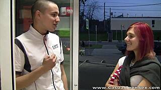 Casual teen 18+ redhead margo in nylons gets quickie with shaved pussy licked and doggystyle blowjob