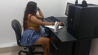 Sexy 18 years old student with big natural tits studies computer classes scantily clad
