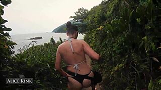 Alice Kink boldly strips off her micro bikini at the public beach, flashing naked skinny body in see-through exhibitionist style from Brazil