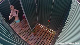 czech milf spied in shower by hidden cam at public pool. voyeur catches nude european babe bathing solo with ass view in reality homemade video.