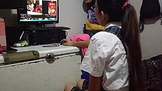 Hey, my peruvian schoolgirl sneaks into another room and ends the sexual learning session really well with a blowjob.