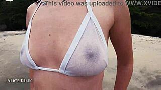 Alice Kink boldly strips off her micro bikini at the public beach, flashing naked skinny body in see-through exhibitionist style from Brazil