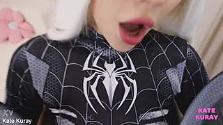 kate kuray teases in spider-girl cosplay with tight wet pussy homemade blowjob and doggystyle fucking