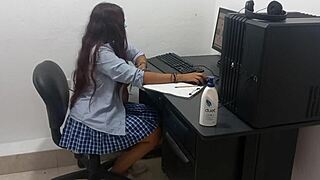 Sexy 18 years old student with big natural tits studies computer classes scantily clad